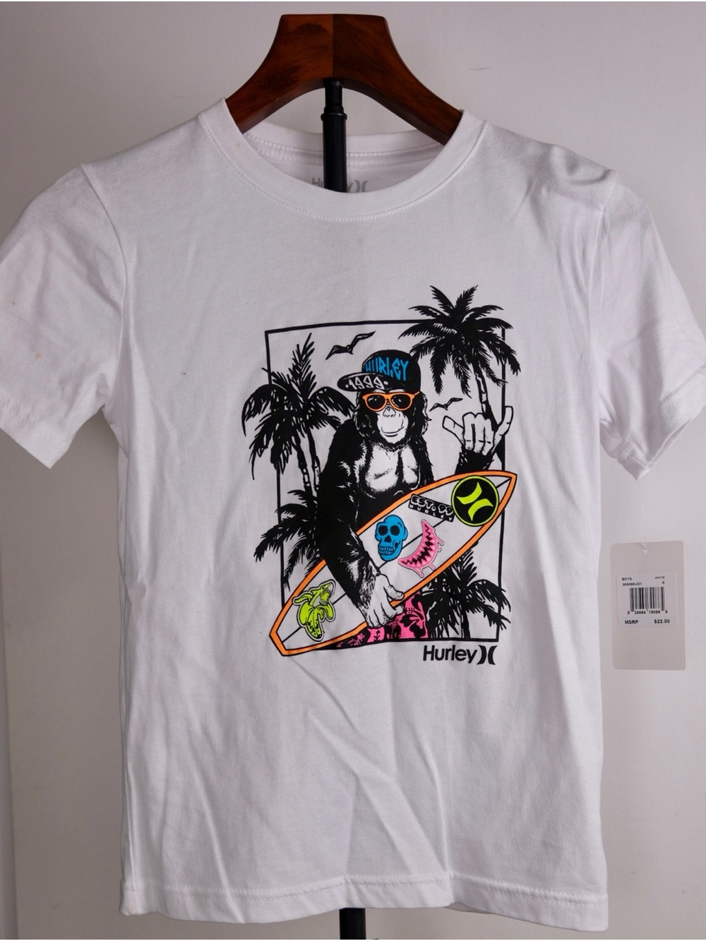 NWT Hurley Boys White Surf Monkey Graphic T-shirt Size small